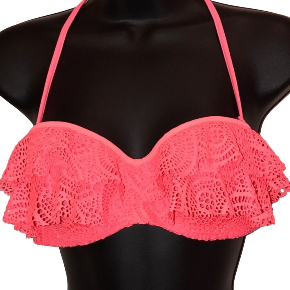 Aerie 34C Coral Crochet Ruffle Bikini Top Halter Swim
